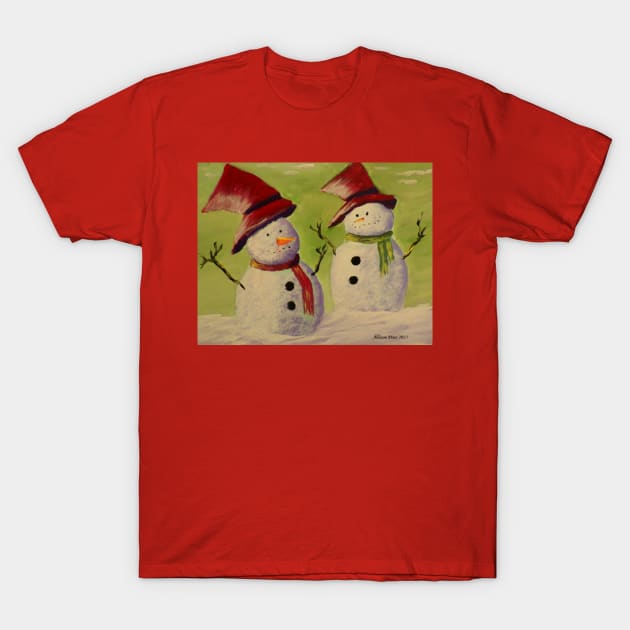 Snowman and woman T-Shirt by Allison Prior Art
